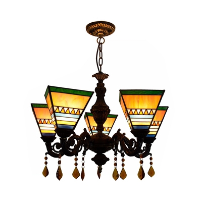 Tiffany Style Blue/Yellow Chandelier with Crystal Craftsman 5 Lights Glass Hanging Light for Villa