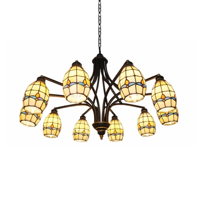 Tiffany Style Curved Chandelier 10 Lights Stained Glass Metal Hanging Light in Beige for Living Room