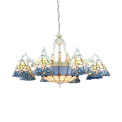 Tiffany Style Nautical Chandelier 11 Lights Glass Hanging Light in Blue/White for Living Room