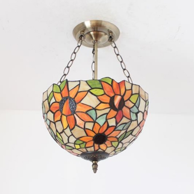 Tiffany Style Rustic Bowl Chandelier with Sunflower Stained Glass Pendant Lamp for Bedroom