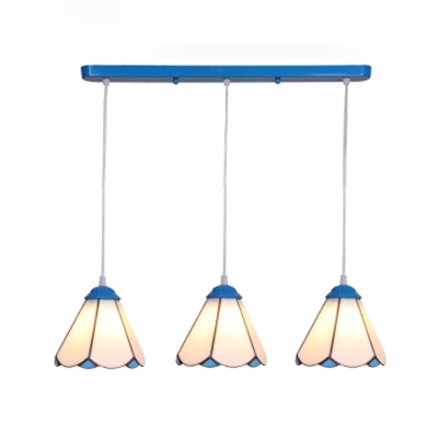 Tiffany Stylish Blue/White Island Light Cone/Dome 3 Heads Glass Island Pendant for Restaurant