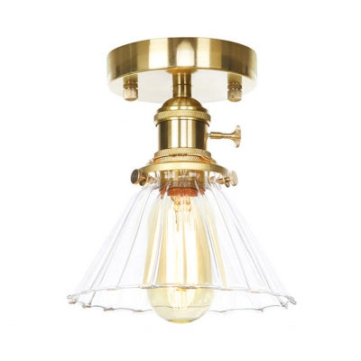 Traditional Brass Flush Mount Light Cone 1 Light Amber/Clear Fluted Glass Ceiling Light for Foyer