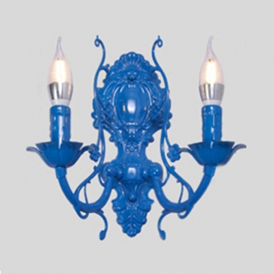 Traditional Candle Shape Sconce Light Metal 1/2 Lights Blue/Pink Sconce Lamp for Girl Bedroom