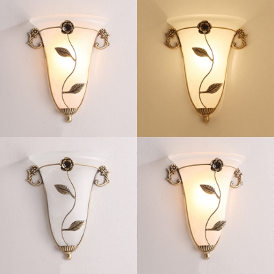 Traditional White Sconce Light Cone Shade 1 Light Frosted Glass Wall Lamp with Flower for Hotel