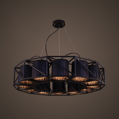 Vintage Style Round Chandelier 12 Lights Metal Fabric Hanging Lamp in Black for Restaurant