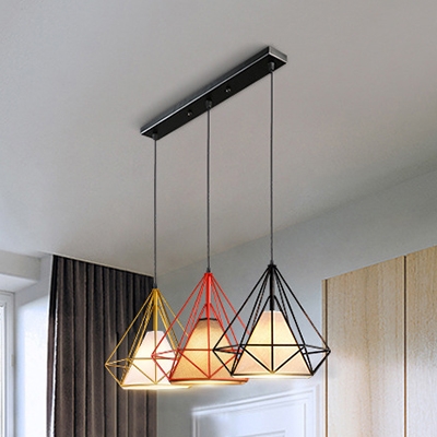 Wire Frame Diamond Suspension Light 3 Lights Creative Fabric Pendant Light for Kitchen Bar