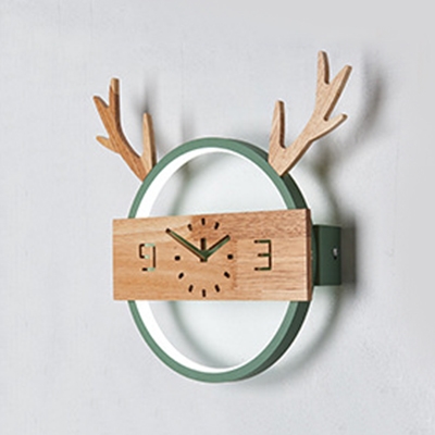 Wood Antlers Clock Wall Light Modern Macaron Colored LED Ceiling Lamp in Warm White/White for Bedroom