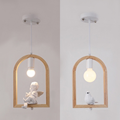 Wood Bird Cage Pendant Lamp with Angle/Bird 1 Light Rustic Style Hanging Light in Beige