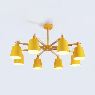 Wood Bucket Chandelier 8 Lights European Style Suspension Light with Macaron Color for Dining Room