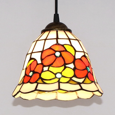 1 Light Floral Theme Pendant Lamp Rustic Style Stained Glass Hanging Light for Living Room