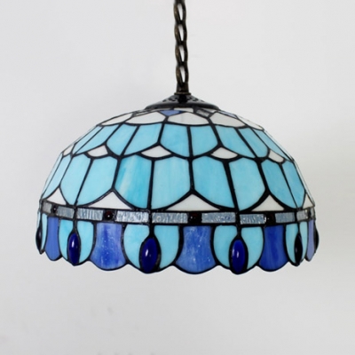 1 Light Peacock Tail Pendant Light Tiffany Antique Stained Glass Hanging Light in Blue for Foyer
