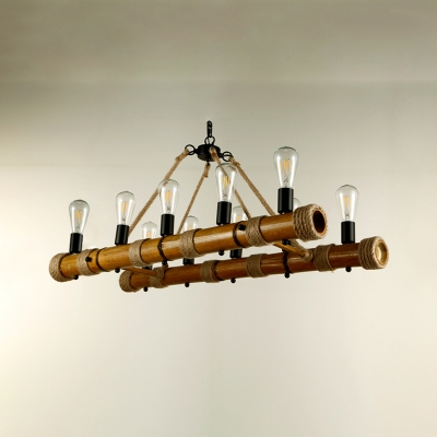 10 Lights Linear Pendant Light Retro Loft Bamboo Island Light in Beige for Living Room