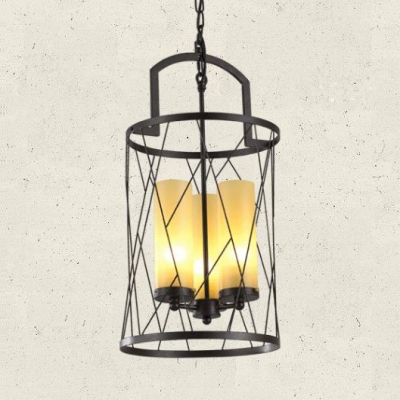 3 Lights Cylinder Candle Chandelier with Wire Frame Industrial Metal Pendant Lamp in Black for Restaurant