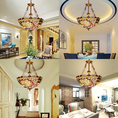 3 Lights Dome Pendant Light Tiffany Style Stained Glass Chandelier for Bedroom Foyer