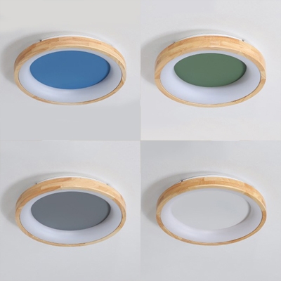 Wood Round Semi Flush Mount Light Living Room Simple Style Ceiling Lamp in Blue/Gray/Green/White