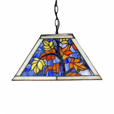 Stained Glass Trapezoid Pendant Light with Leaf Restaurant KTV Single Light Rustic Stylish Hanging Lamp