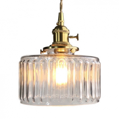 Clear Glass Drum Pendant Light One Light Simple Style Suspension Light in Brass for Kitchen