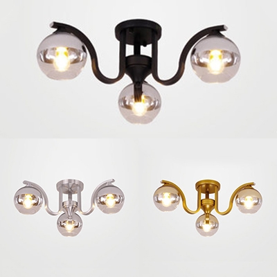 Modern Globe Semi Flush Mount Light Three Bulbs Glass Ceiling