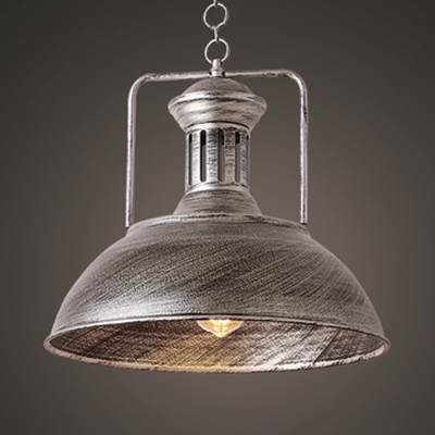 Aged Silver Dome Hanging Lamp 1 Light Vintage Style Metal Pendant Light for Restaurant Bar