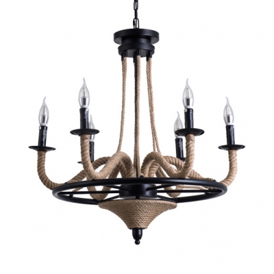 American Rustic Candle Pendant Light Metal & Rope 6 Heads Beige Chandelier for Living Room