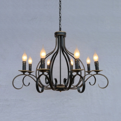 Antique Style Black Ceiling Pendant Candle Shape 8 Lights Metal Hanging Light for Dining Room