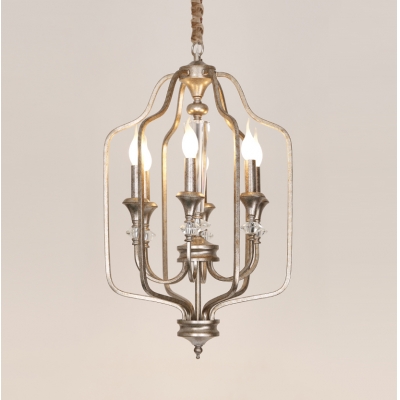 Antique Style Silver Chandelier Candle 6 Lights Metal Hanging Light with Crystal for Restaurant