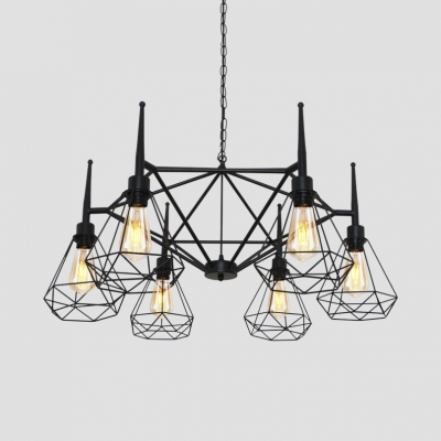 Black Diamond Caged Chandelier 6 Lights Industrial Metal Hanging Light for Coffee Shop