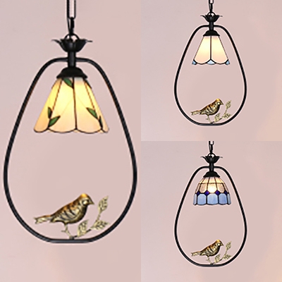 Bloom/Grid/Leaf Pendant Light with Bird 1 Light Tiffany Rustic Glass Ceiling Lamp for Bathroom