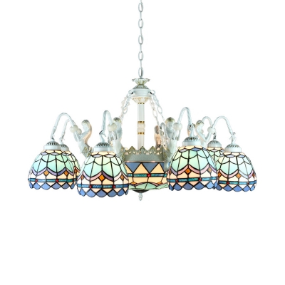Blue Cone/Dome Suspension Light 11 Lights Tiffany Style Hanging Light with Mermaid for Living Room