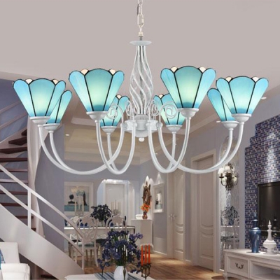 Blue Cone Shade Chandelier 8 Lights Mediterranean Style Glass Hanging Light for Living Room