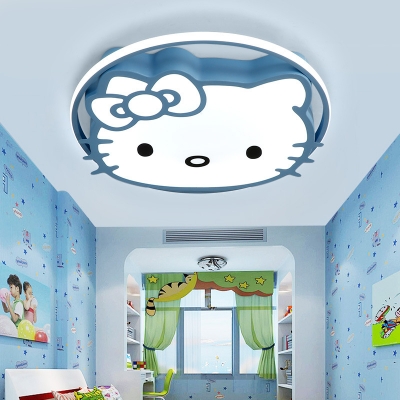 Blue/Pink/White Kitty Flush Light Cartoon Acrylic LED Ceiling Light in Warm/White/Third Gear for Girl Bedroom