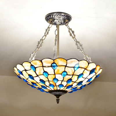 Bowl Shade Restaurant Hanging Light with Blue Beads Glass Antique Style Chandelier in Beige