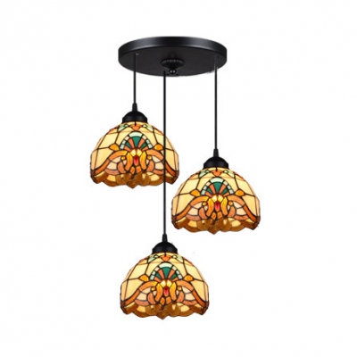 Bowl Shade Restaurant Pendant Light Stained Glass 3 Lights Tiffany Victorian Style Ceiling Light in Blue/Yellow