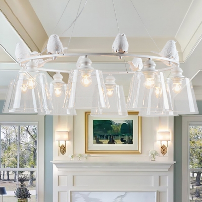Clear Glass Tapered Shade Chandelier 3/6/8 Lights American Rustic Pendant Light with Bird in White for Balcony
