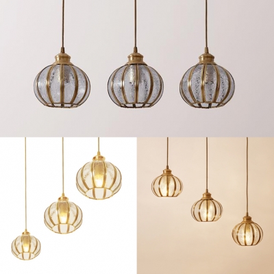 Clear Textured Glass Melon Suspension Light Dining Room 3 Lights Antique Style Ceiling Lamp with Round/Linear Canopy