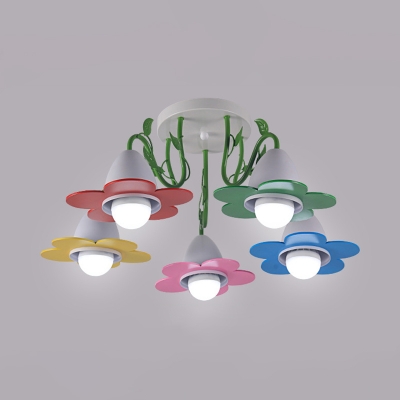 Colorful Flower Semi Flush Mount Light 3/5 Lights Lovely Metal Light Fixture for Child Bedroom