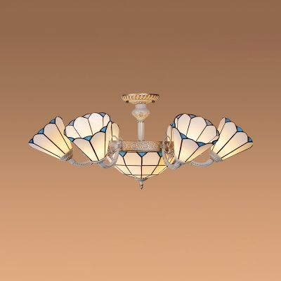 Cone & Dome Living Room Chandelier Glass 9 Lights Tiffany Style Antique Style Hanging Lamp in White