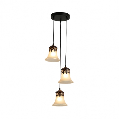 Frosted Glass Bell Pendant Lighting 3 Lights American Rustic Island Light with Linear/Round Canopy for Kitchen