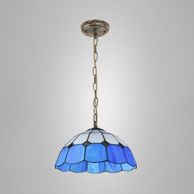 Glass Bowl Shade Ceiling Pendant 1 Light Tiffany Antique Hanging Light in Blue/Yellow for Stair