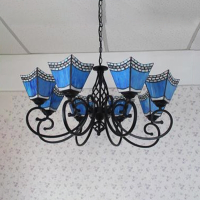 Glass Craftsman Pendant Lamp Living Room 8 Lights Tiffany Style Nautical Chandelier in Blue