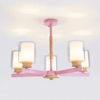 Glass Cylinder Shade Chandelier 3/5/6 Lights Modern Style Hanging Light in Gray/Pink/Yellow for Bedroom
