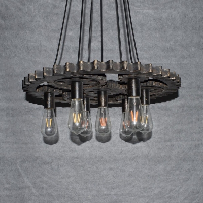 Glass Open Bulb Hanging Light 7 Lights Antique Pendant Light with Gear in Aged Brass for Bar