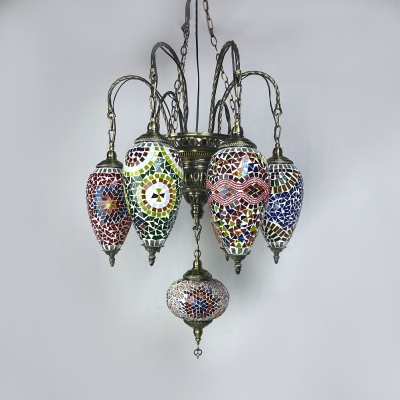 Glass Oval & Teardrop Chandelier 7 Lights Moroccan Mosaic Hanging Light for Living Room