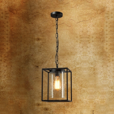 Glass Rectangle Ceiling Light with Cylinder Shade 1 Light American Rustic Hanging Light in Black for Bar