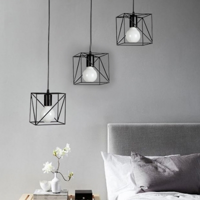 Industrial Black Pendant Light Square Cage 3 Lights Metal Hanging Light for Living Room