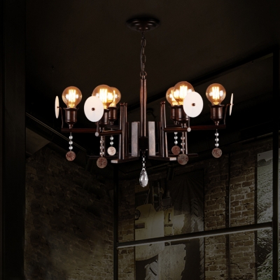 Industrial Open Bulb Chandelier Metal 6 Lights Rust Pendant Lamp with Crystal for Dining Room