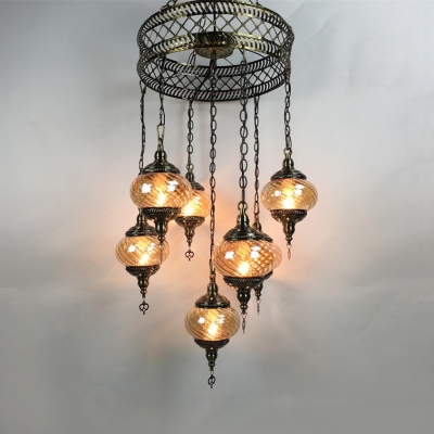 Lantern Living Room Pendant Light Swirl Glass Metal 7 Lights Vintage