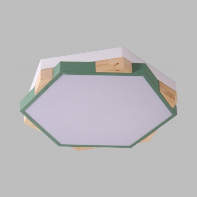 Macaron Hexagon LED Flush Mount Light Acrylic Wood Ceiling Fixture in Warm for Kid Bedroom