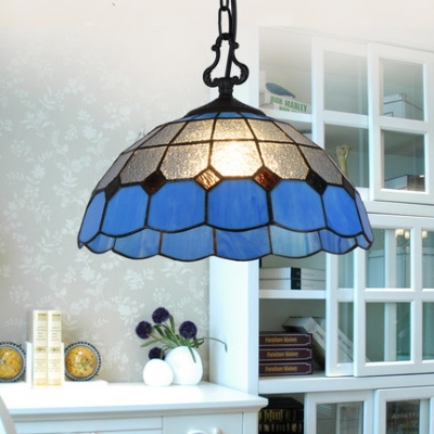Mediterranean Style Dome Pendant Light One Light Frosted Glass Hanging Light in Blue for Hallway