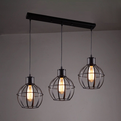 Metal Melon Cage Pendant Lamp 3 Lights Industrial Hanging Light in Black for Dining Room